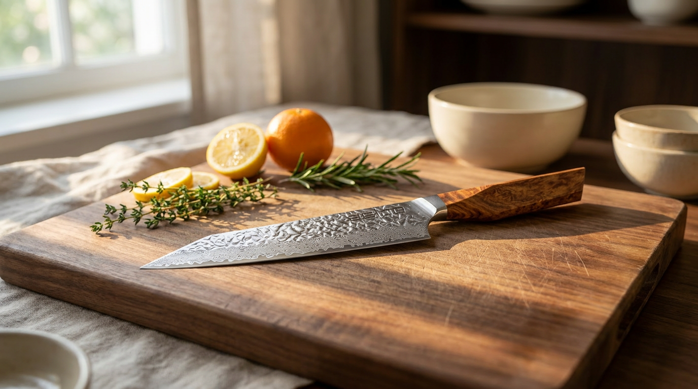 Asiro Kiritsuke knife on a walnut cutting board