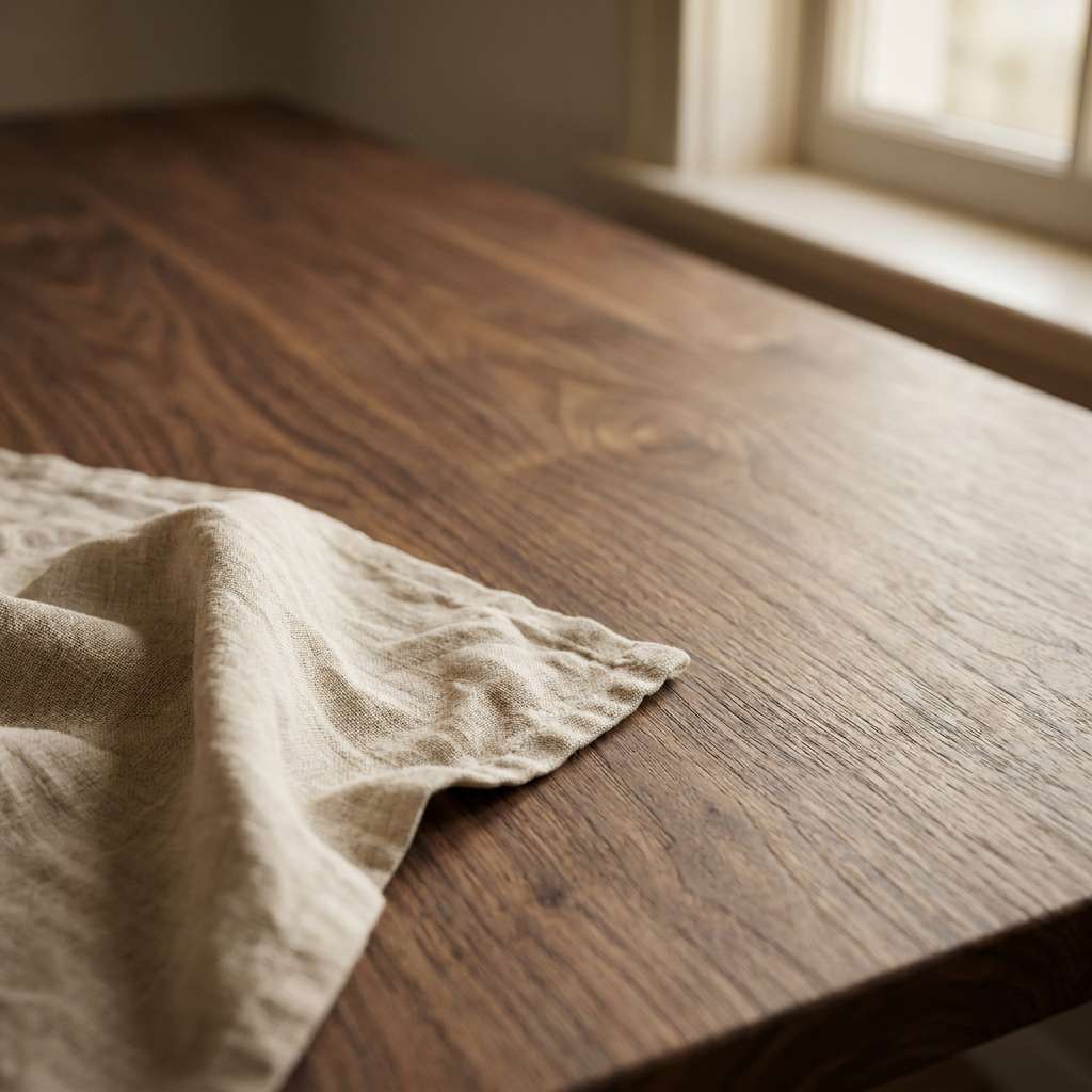 Walnut wood and linen still life